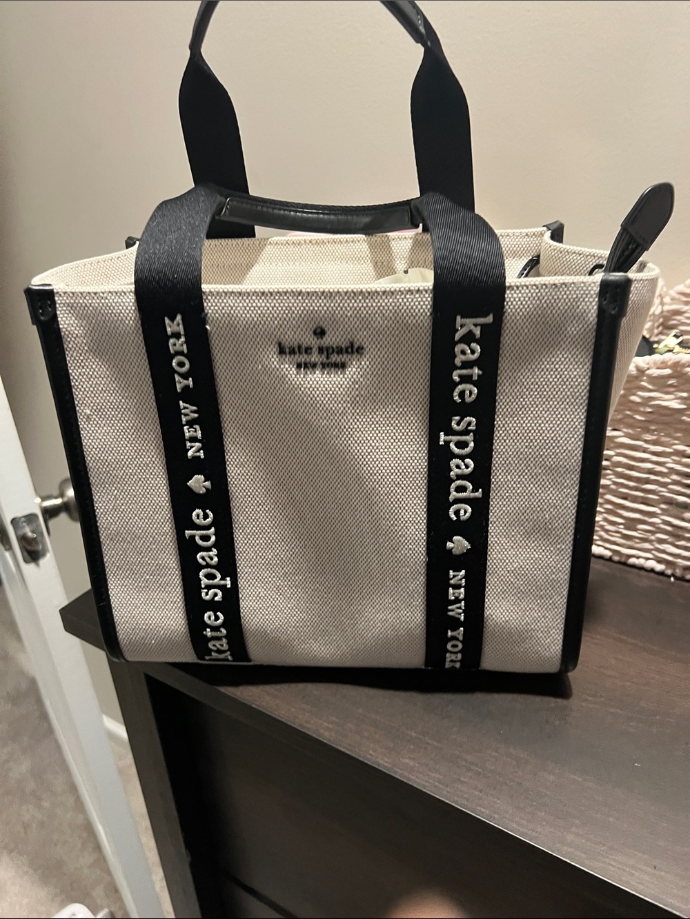 kate spade Cream Canvas Tote with Black Logo Straps